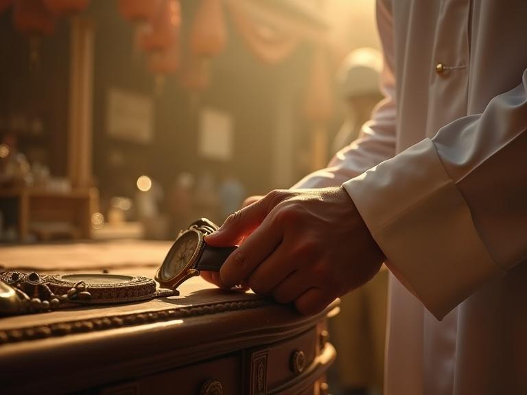 Close-up of hand in white thobe adjusting vintage watch. Wooden desk filled with intricate details. Warm sunset light enhances the scene. Dust particles create a nostalgic atmosphere. Vintage photo grain evokes timelessness.