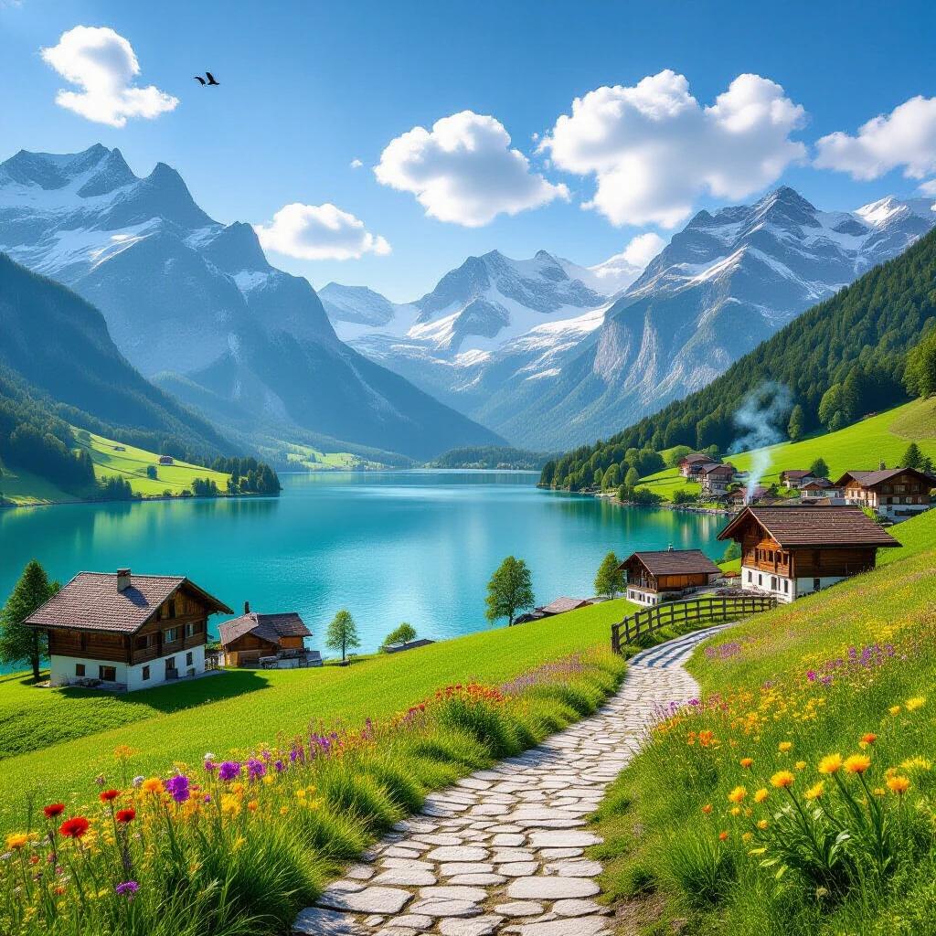 Breathtaking landscape inspired by Switzerland featuring majestic snow-capped mountains and rolling green meadows with colorful wildflowers. Crystal-clear turquoise lake reflects blue sky. Charming wooden chalets are scattered across hills with smoke from chimneys. Stone-paved pathway leads to a wooden bridge over a small stream. Soft golden sunlight enhances the scene. Birds soar in the distance creating a peaceful atmosphere.