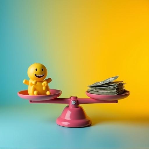 Scale balances a happy yellow toy and a stack of money. Soft light enhances fresh vibrant style. Colors include yellow orange and navy with bold multicolor gradients for a playful modern look.