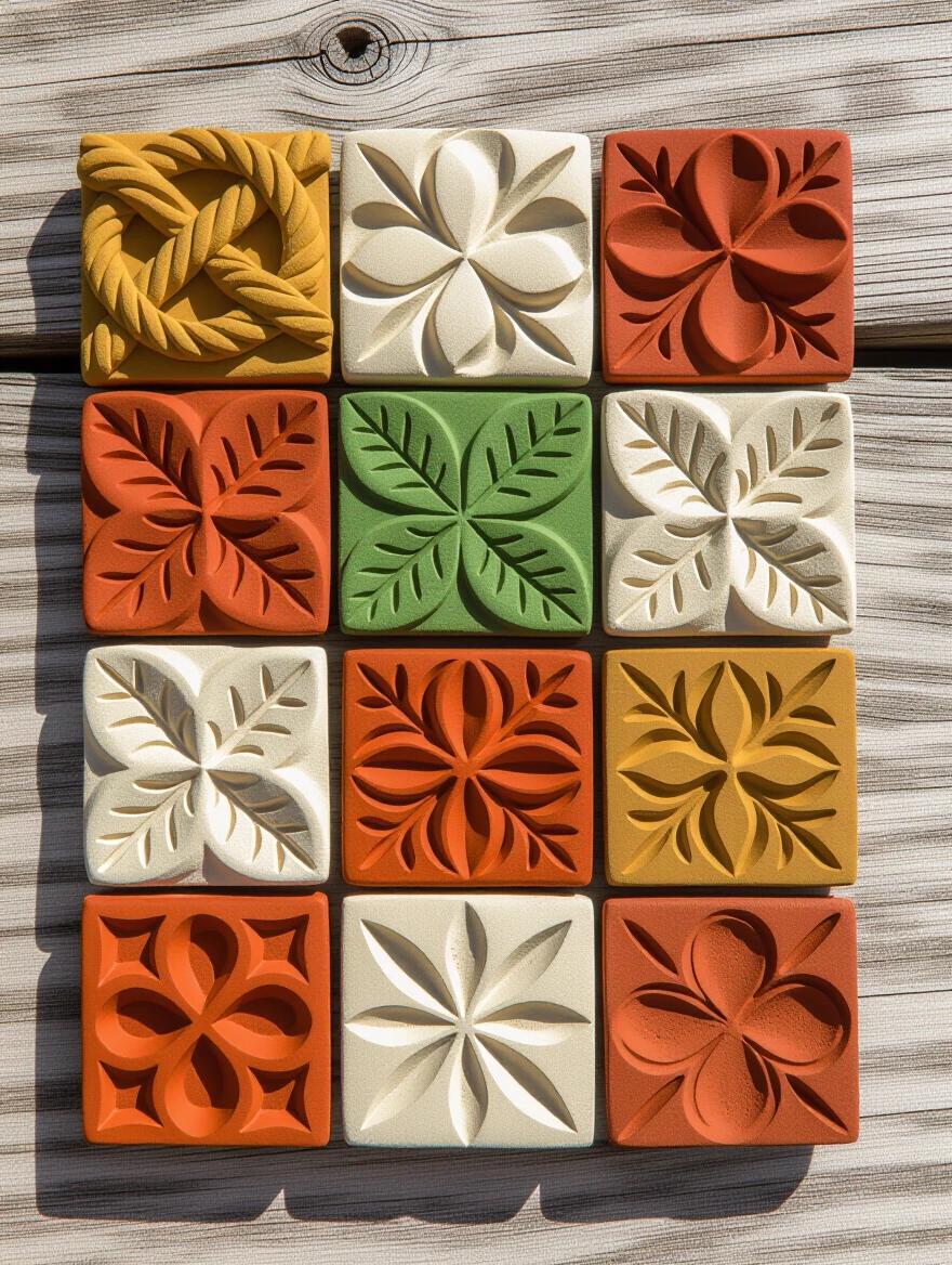 Handcrafted clay tiles are arranged artistically. Tiles showcase various texturing techniques. Some tiles have rope impressions. Other tiles feature leaf patterns. Several tiles have carved geometric designs. Natural clay colors include terracotta and cream. Some sections are partially glazed green and brown. Finger marks and tool impressions are visible. Composition is photographed from above. Weathered wooden surface is background. Natural lighting emphasizes textures and variations.