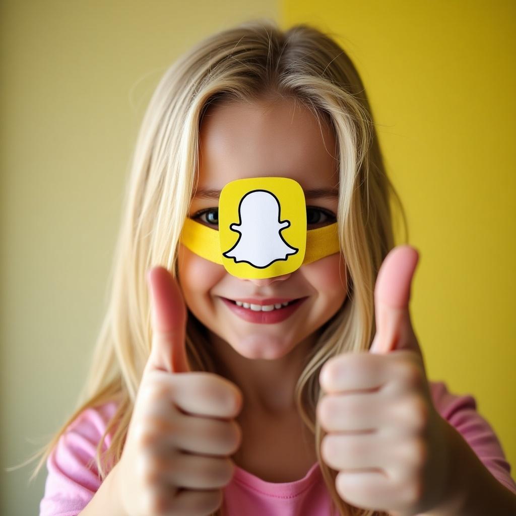 A blond girl showing thumbs up. She has a Snapchat filter on her face. Half her face is not visible. Girl wears a pink shirt. Background has a bright yellow color.