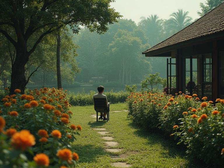A man sits alone in a quiet garden. The garden is filled with flowers and the scent of roses in the air. He appears deep in thought and sorrowful. In the background, a house can be seen. The setting evokes a sense of nostalgia and quiet longing.