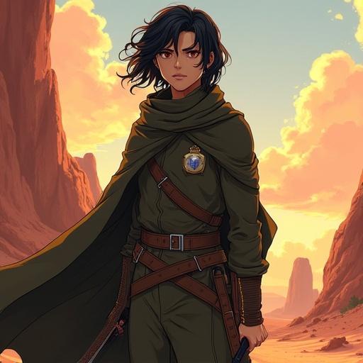 Anime-style digital illustration featuring a young man with poentry ears and long wavy black hair. Dark olive cloak worn over a ranger outfit. Two short swords and an investigator badge shown. Set in a desert-like environment with large red rock formations. Soft warm lighting creates a sunrise or sunset effect. Includes dramatic shadows and a cinematic composition.