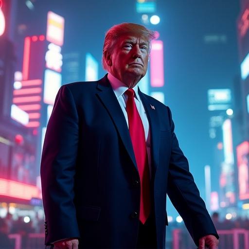 Photo of a political figure dressed in a futuristic suit against a neon-lit city background. Emphasis on sci-fi vibes with bold and bright colors.