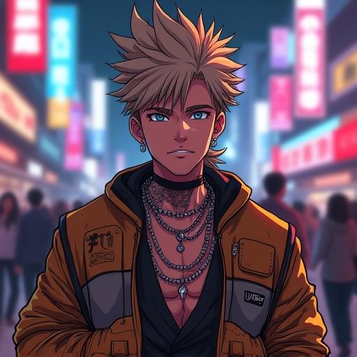 Anime character in nightclub. Man with spiky light brown hair and silver eyes. Wearing expensive hip hop streetwear. Surrounded by people. Smiling confidently. Nighttime scene. Bright colorful lights. Tattoos visible. Wearing jewelry. A blend of cultures.