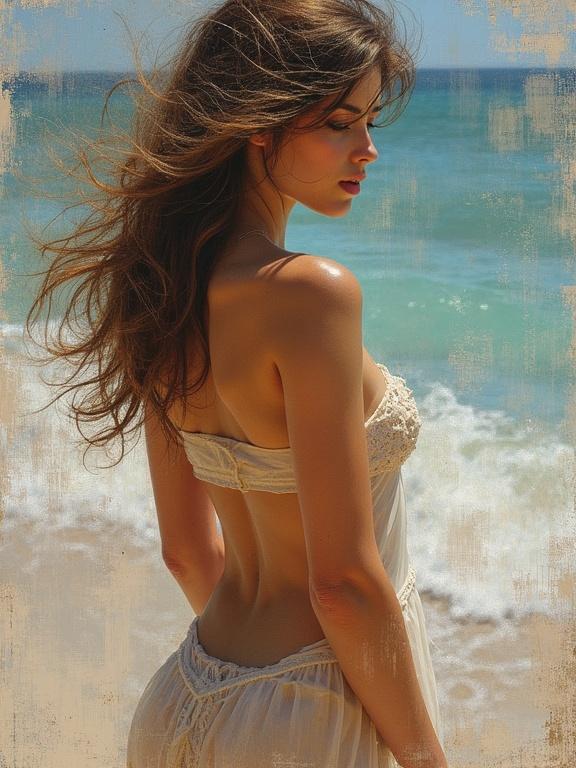 Nude painting inspired by classic artists featuring a woman backlit at the beach with wind-blown hair