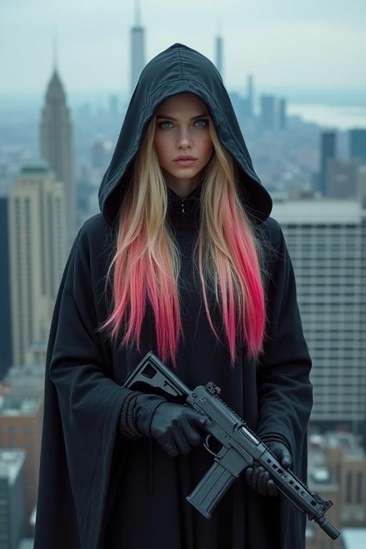 A young woman with long blonde hair and pink tips dressed in a hooded tactical robe holds a gun. She has bright blue eyes and stands on a skyscraper. The city skyline is visible behind her.