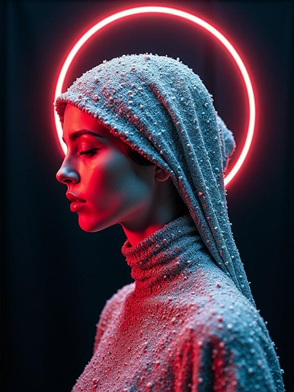 A surrealistic portrait of a female saint. Neon halo glows around head. Fabric draped over shoulders with unique texture. Composition reminiscent of modern art styles. Blends traditional techniques with contemporary design. Focus on lighting and color contrast.