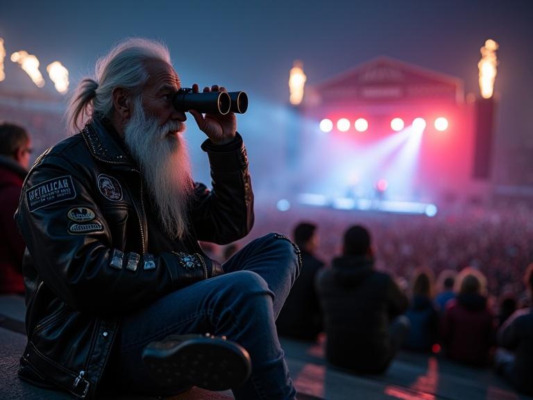 An elderly man with a long white beard and a weathered face. Wears a black leather jacket adorned with metal band patches. He has ripped jeans and studded boots. Sits on stadium bleachers surrounded by concertgoers. Holds elegant opera binoculars. In the background, a Metallica concert stage with red and blue lights and pyrotechnics. Nighttime ambiance with a gritty and cinematic feel.