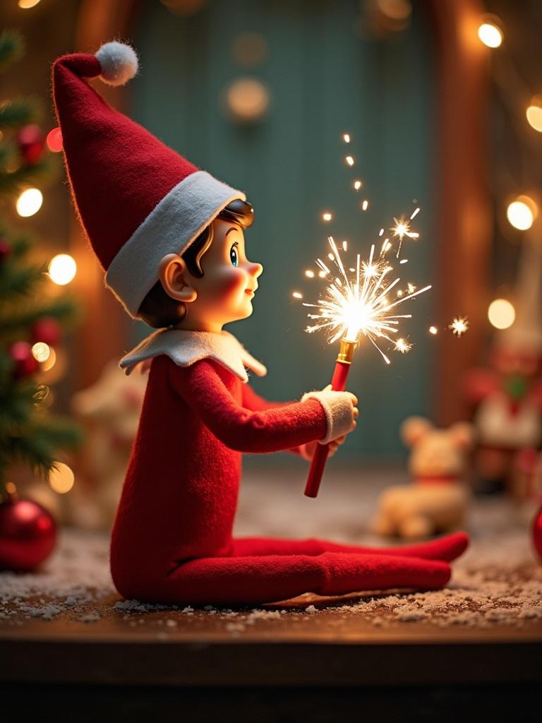 Charming Christmas scene with an elf in a red outfit. The elf holds a glowing wand and gazes towards the sky. Snowy ground and holiday decorations are present. Elf writes a message in the air.