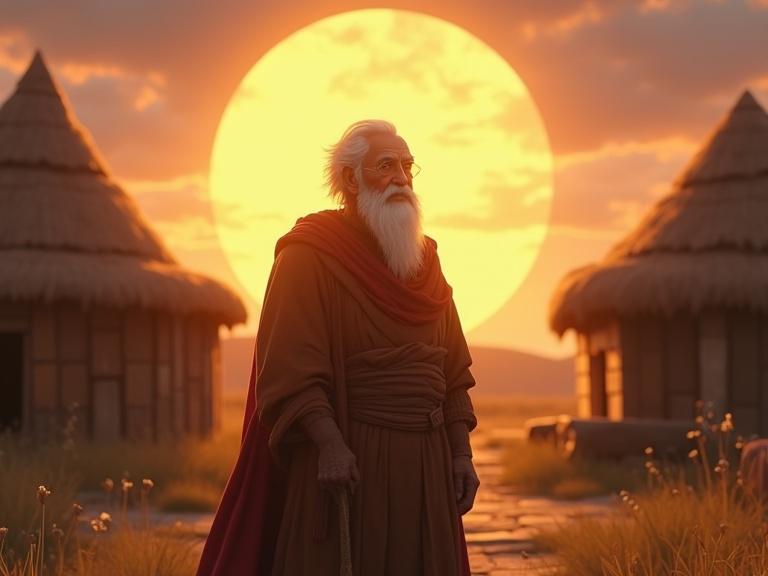 Elderly man in a village with a lineage symbol behind him. Realistic style with warm sunlight. Scene captures wisdom and tranquility.