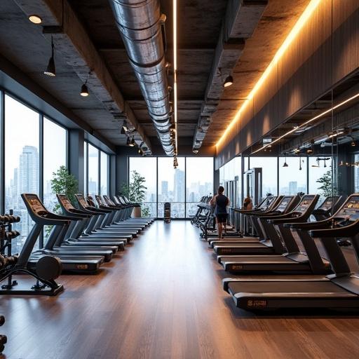 Ultra-realistic 3D render of a high-end gym interior. Features industrial ceiling with large air ducts and concrete textures. Sophisticated ambient lighting with pendant and recessed lights. Floor-to-ceiling windows provide city views and daylight. Full-length mirrors reflect fitness equipment. Premium machines arranged on wooden and tile flooring. Stylish gypsum ceiling with geometric patterns. Clean futuristic atmosphere.