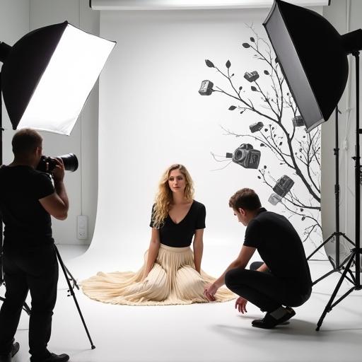 Production still from a fashion photoshoot. Beautiful blonde model with long wavy hair in black top and cream pleated skirt. Sitting on floor in white studio. Softboxes and lighting equipment present. Photographer crouches in foreground. Crew member stands to the left. Backdrop features monochromatic mural of cameras and branches.