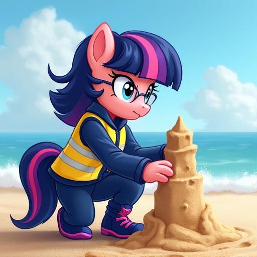 Pony building a sandcastle at the beach. Pony has glasses and navy-blue hair with pink and purple stripe. Wears hi-visibility vest, navy-blue track top, navy-blue track pants, knee-high navy-blue boots with pink laces and purple soles.