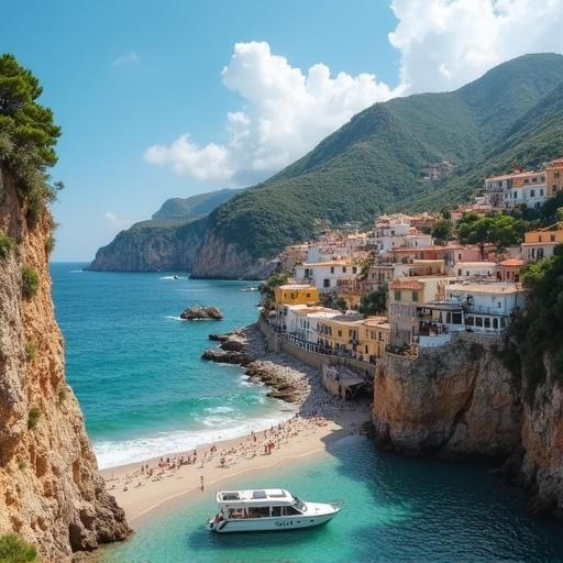 Scenic view of Positano coastal town. Boat parked on sandy beach. Houses nestled in the hills. Clear turquoise waters and sunny skies.