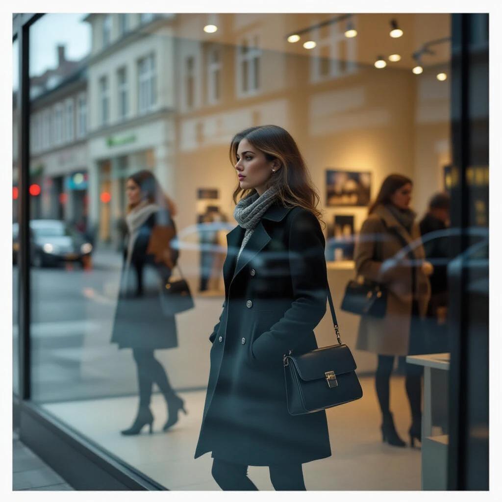 Woman in a black coat stands outside a shop window. Distorted reflections overlap her figure. Image taken through glass using a Leica IIIc. The scene includes focus shift artifacts and atmospheric condensation streaks.