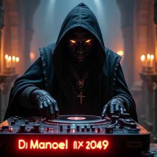 Hyper-realistic shot of a DJ adjusting knobs on ancient turntables. Features a wizard with feline traits in a hooded cloak. Set in a gothic cathedral. Scene illuminated by candlelight.