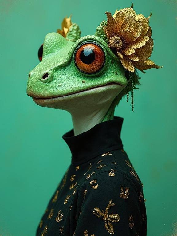 Minimalist portrait of a frog-woman. Green and gold colors. Textured elements and poetic style. High quality and detail. Surreal composition.