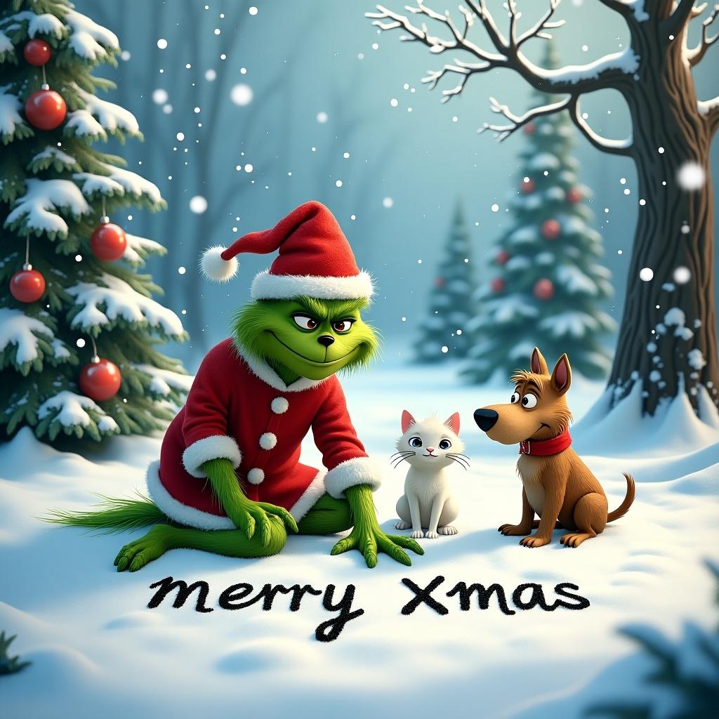 A whimsical winter scene with the Grinch in a Santa outfit. The Grinch is writing 'merry xmas' in the snow. Max the dog and a small white cat sit beside him. Snowy ground, Christmas trees, and falling snow create a cheerful atmosphere.