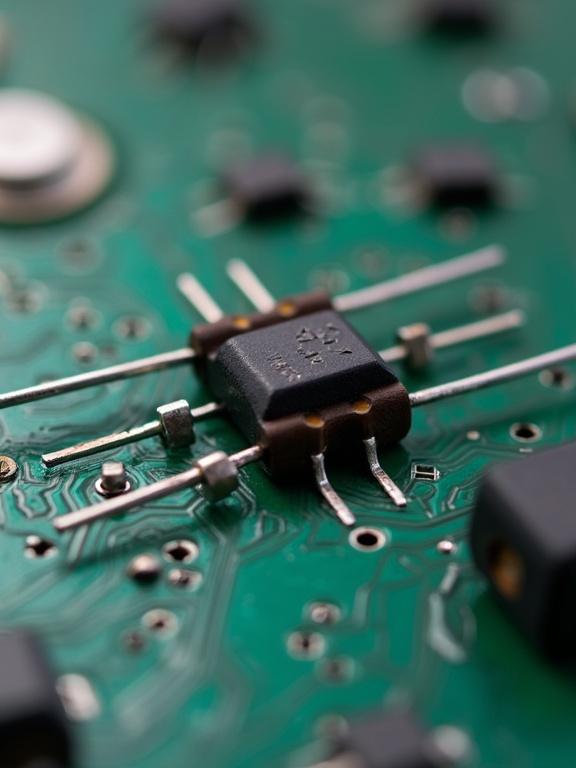 Close-up image of a resistor on a printed circuit board. Focus on the detailed connections and circuitry surrounding the component. Displays electronic components and a green background.