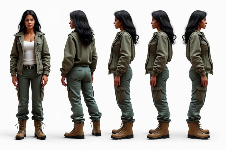 Character turnaround sheet of a confident young woman displaying front side three-quarter and back views. Thin mid-sized with South American native skin tone black eyes. Shoulder-length wavy black hair naturally falls around face. Dressed in ragged jacket loose combat pants and hiking boots. High-definition realistic photography capturing details.