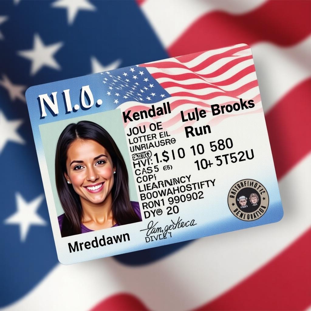 The image showcases a realistic driver's license prominently featuring the name Kendall Brooks. It includes a clear photo of the individual alongside various identification details such as a unique license number. The background of the card is designed with elements of the national flag, enhancing the theme of identity. The overall composition is vibrant and reflects standard identification card aesthetics. This ID card serves as a great reference for legal identification purposes and graphic design inspiration.