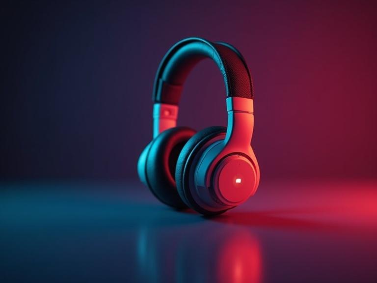 Noise canceling headphones on a surface. Colorful light background with light navy and dark magenta blending shades. Digital gradients featuring light green and light orange.