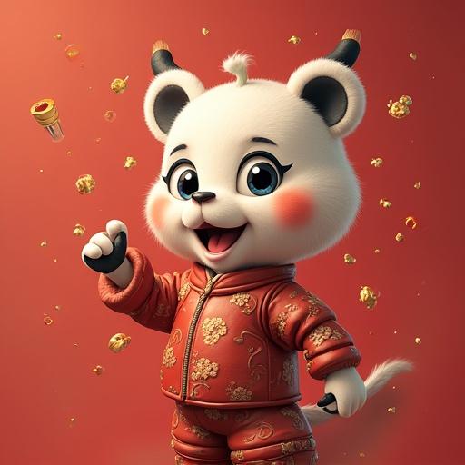 Generate an image of a cute panda character in a festive outfit. The panda has a playful expression and is surrounded by colorful decorations. Emphasize a joyful theme.