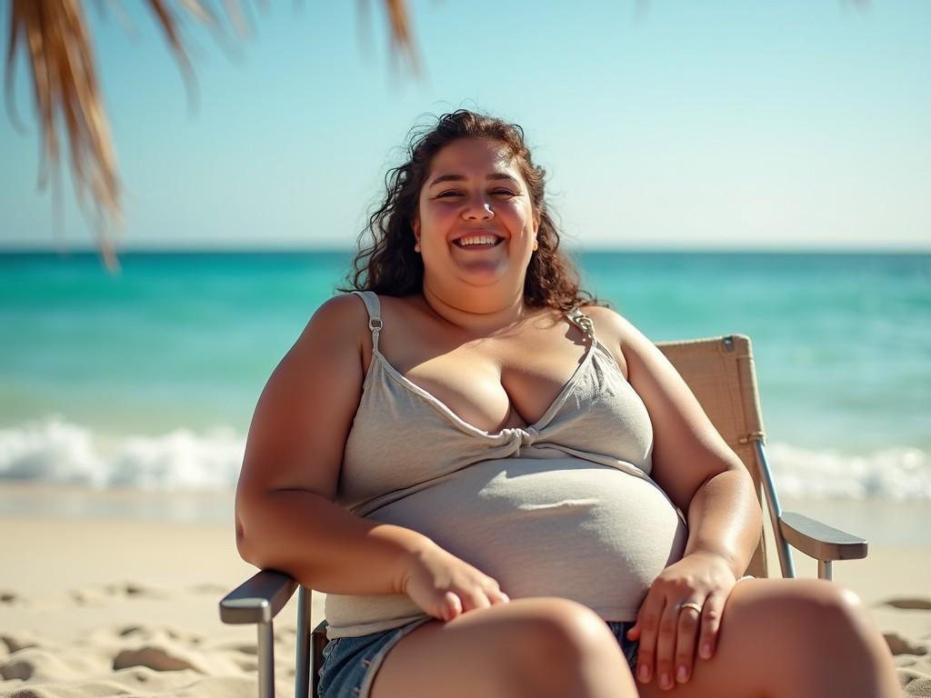 A joyful person relaxing on a beach chair by the ocean with a bright, sunny background.