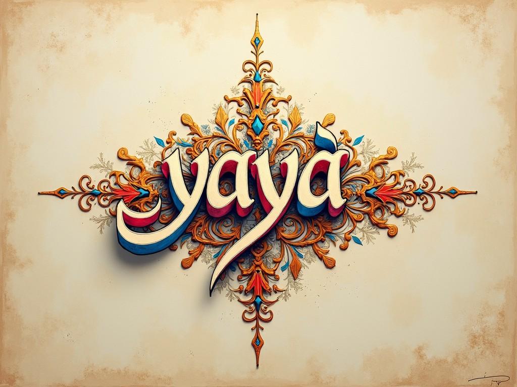 This image features an elaborate calligraphy representation of the name 'yaya' or 'Yahya'. The design includes intricate floral patterns and ornate details surrounding the text. The color palette is vibrant, featuring shades of gold, turquoise, and coral. The style is a mix of traditional Arabic calligraphy with a modern artistic twist. The background is a soft ivory which enhances the colors of the lettering and decorations, making it a stunning piece of art.