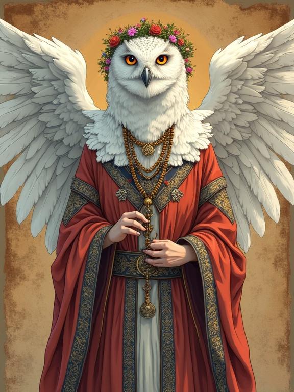 Anime-style digital illustration of an anthropomorphic white owl druid priestess wearing traditional Slavic folk robes. She has a wreath of wildflowers on her head and holds no hands. The wings spread gracefully, forming the sleeves of her garment. The background features old papyrus with mystic runes and soft warm lighting.