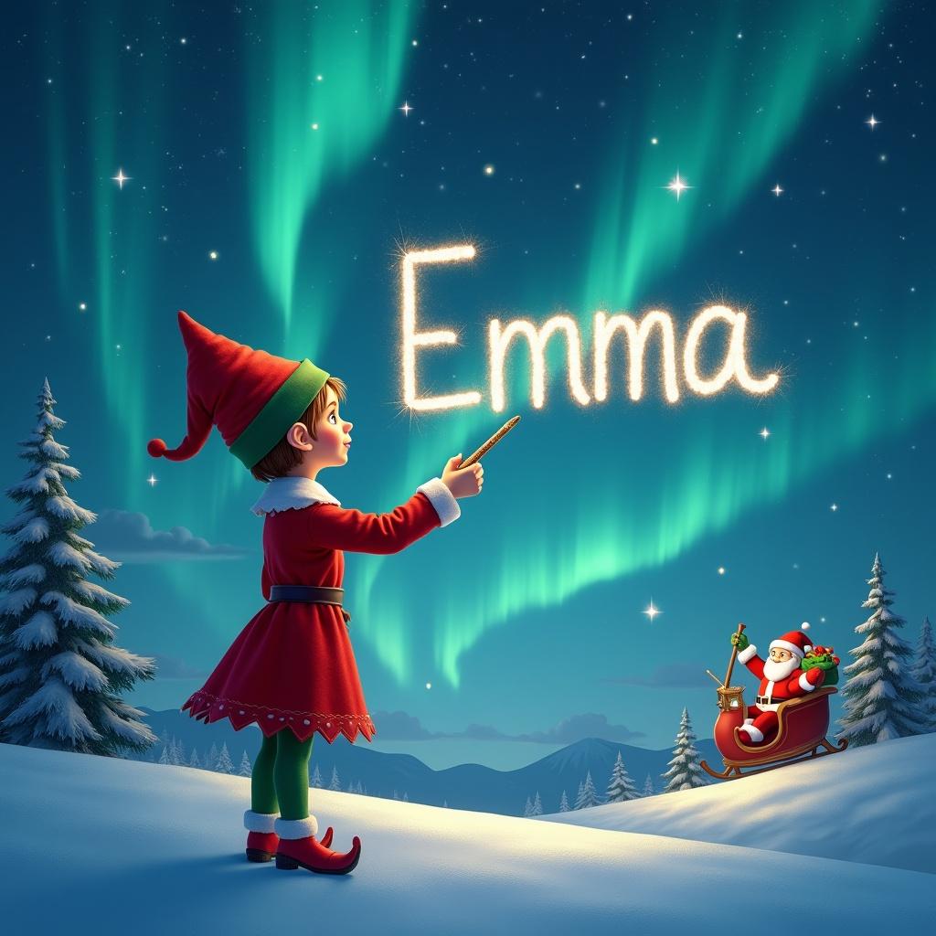 Elf facing magical sky. Using wand to write names. Background has northern lights and Santa. Name being written is 'Emma'.