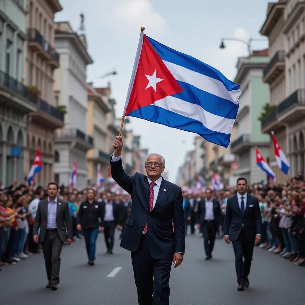 Cuban flag being held by a man during a public demonstration. People in the background showing support with flags. Urban street setting with buildings lining the road. Bright daylight.