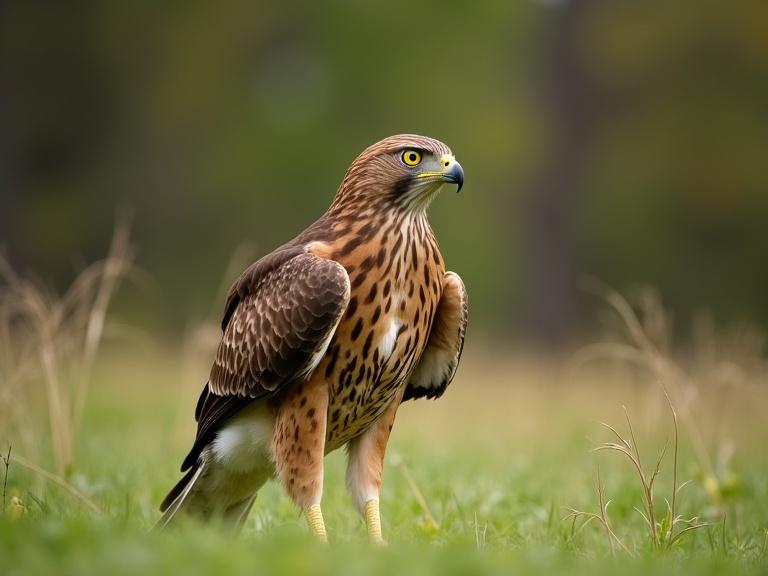 Photograph of a hawk standing in a grassy field. Detailed feathers with brown and black patterns. Yellow eyes with sharp gaze. Slightly turned to the side. Natural light with soft diffused glow in background. Blurred green and brown forest backdrop. Slight bokeh effect. Realistic and detailed. High quality. Birdwatching and wildlife photography. Nature outdoor setting. Daytime close-up shot. Hawk focused on, natural habitat. Standing on one leg, grass in foreground, soft lighting. Professional photography with high detail, sharp focus on hawk. Background blurred, realistic colors, textures, lighting. Natural beauty of majestic bird. Wild animal.
