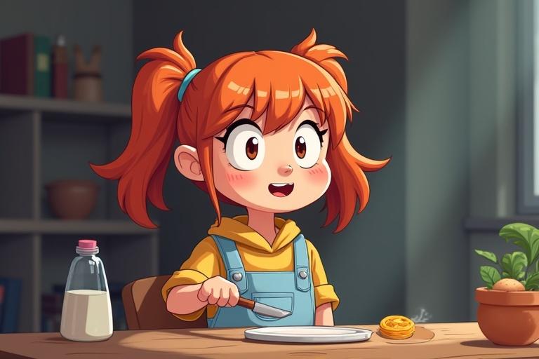 Animated girl with orange pigtails sitting at a table. She has a playful expression. Wearing a yellow hoodie and blue overalls. A plate in front with a cookie and a bottle of milk. Background with soft lighting.
