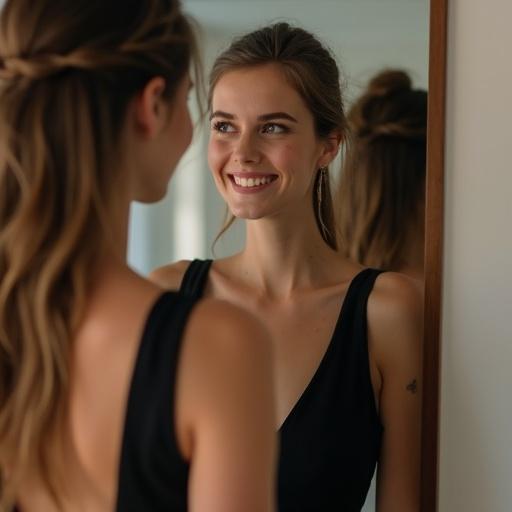 Beautiful young woman in a black dress stands in front of a mirror. She smiles softly while gazing at her reflection. Her expression is serene and confident. Elegant lighting highlights her features and outfit.