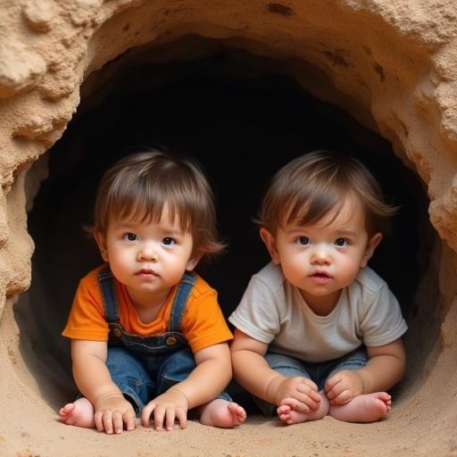 Two children playing in a cave. One child wears an orange shirt and the other a grey shirt. Both are sitting and looking curiously.