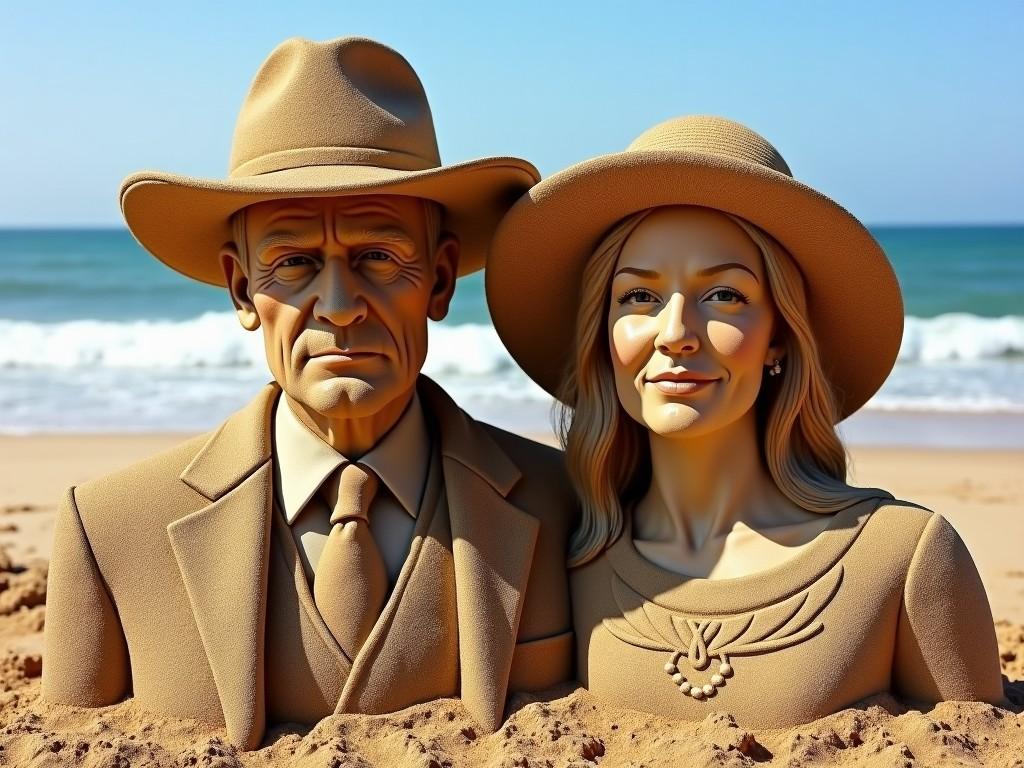 This image features a unique rendition of the iconic American Gothic painting, but in a beach setting. The figures are expertly crafted from sand, depicting a man and a woman resembling the original characters. They are posed closely together as if for a family portrait. The bright blue ocean waves and sandy beach serve as a picturesque background. The sunlight highlights the details of the sand texture, bringing warmth to the scene. It's a creative blend of classic art with natural elements, perfect for a beach setting.