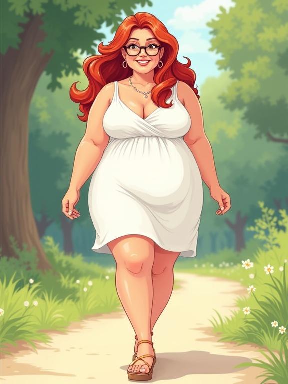 Vector art illustration of a girl with red wavy hair wearing a white minidress and sandals. She is plump and has glasses and freckles. She is smiling with closed eyes. The image shows her walking outdoors in a park on a sunny day.