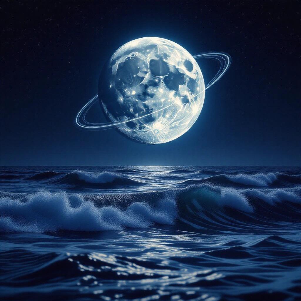 Digital illustration of the moon over the ocean showing its influence on tides. Gravitational pull lines are visible. Waves rise high under the moonlight.