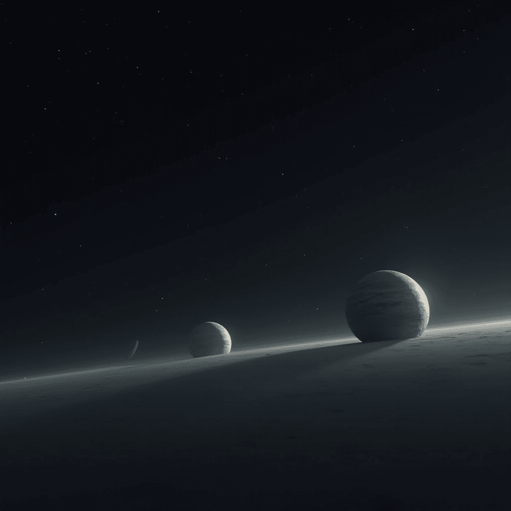 A serene space scene with two planets rising over a crescent horizon, under a starry night sky.