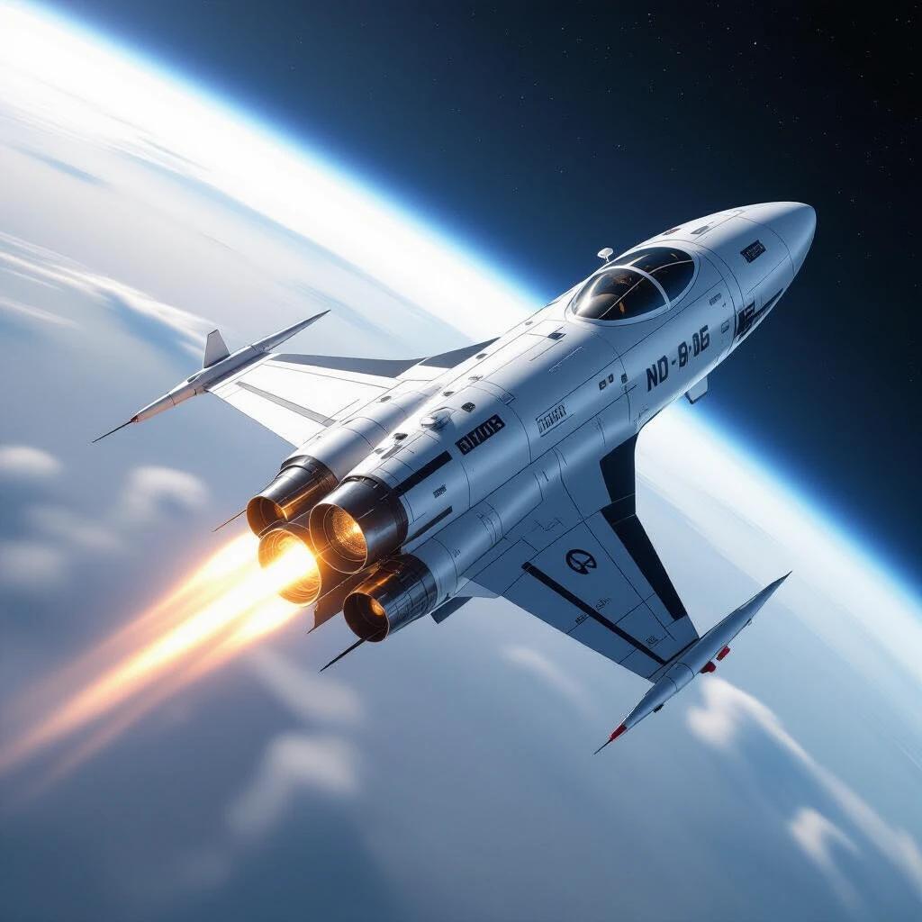 Create an image of a spacecraft traveling in space. Showcase the launch with exhaust flames and a clear view of the cosmos.