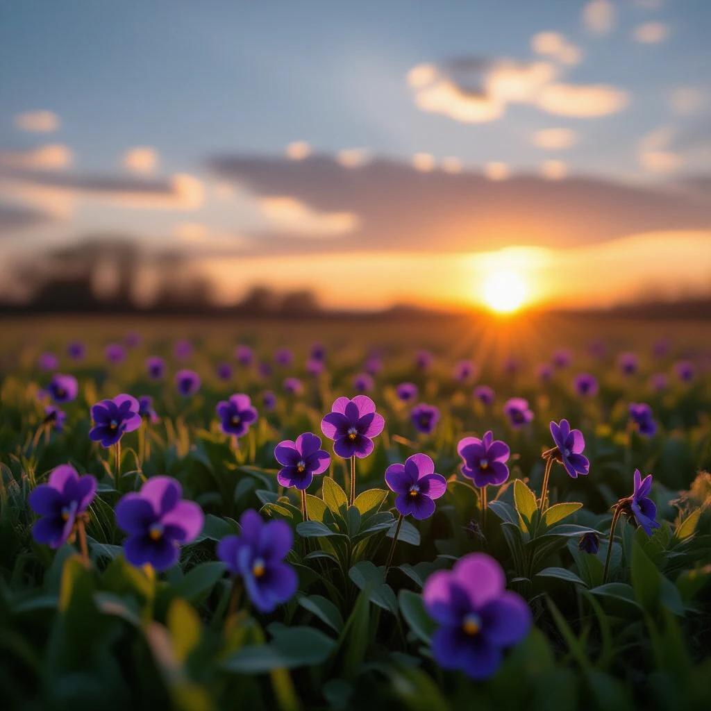 Violets in a field during sunrise with few clouds
