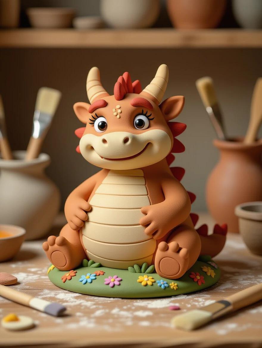 A handmade clay sculpture of a chubby dragon. The dragon has rounded features with visible finger impressions and tool marks. Surface has natural clay texture in earthy tones with pressed flower patterns. Sculpture is on a wooden table surrounded by crafting tools and colorful glazes. Warm lighting creates soft shadows highlighting the sculpture's surface.