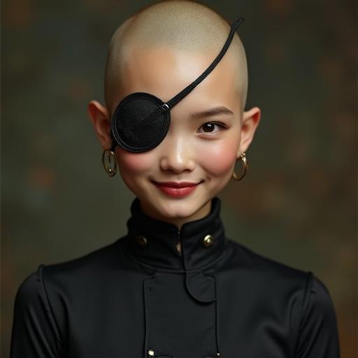 Young woman smiling peacefully with a bald head. She wears an eyepatch and a fitted black blouse. The background hints at a fantasy theme. The image is of high quality and vivid colors.