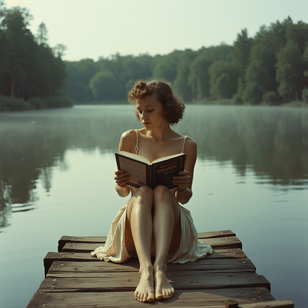 The image portrays a serene scene of a woman sitting on a wooden dock by the edge of a tranquil lake, deeply engrossed in reading a book. The setting exudes a peaceful morning atmosphere with soft, diffused natural light creating an ethereal glow around her. Her relaxed pose, barefoot and seated with legs crossed, emphasizes a state of quiet contemplation. The background is lush with dense, green trees that gently reflect upon the still lake surface, enhancing the idyllic and timeless quality of the scene. Her attire is simple and elegant, complementing the natural beauty of the surroundings.