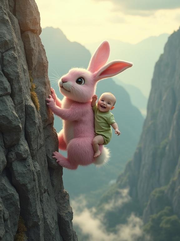 A scene showing a large pink and white rabbit climbing a steep mountain cliff. The rabbit has detailed fur and is carrying a human baby on its back. The baby is wearing a green romper and looks excited. The rabbit climbs with focus using its paws to grip the rocky surface. The background includes towering mountains and mist in the valley. Soft golden sunlight breaks through the clouds. Emotional cinematic fantasy inspired scene with hyper-realistic style.