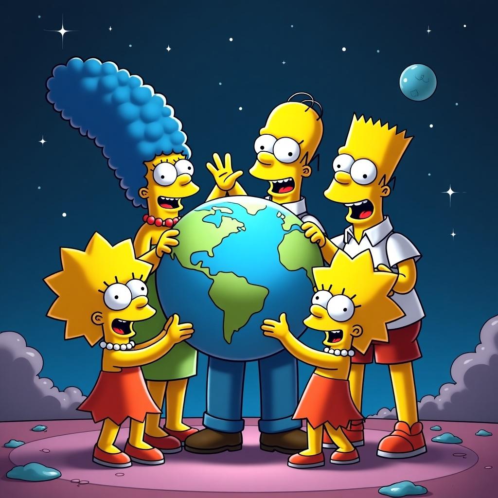 Image of animated characters in space holding the earth. Family includes five characters with distinctive hairstyles and clothing. Background features stars and planets. Characters express joy and togetherness.