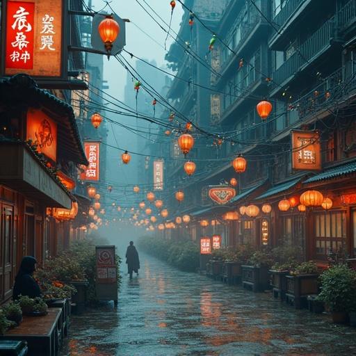 Visual representation showcasing golden koi in a watercolor landscape. Dynamic elements include koi swimming upstream, seasonal symbols, and interwoven narratives of tradition and modernity. An ambient atmospheric scene enhances depth and interaction with cultural themes.