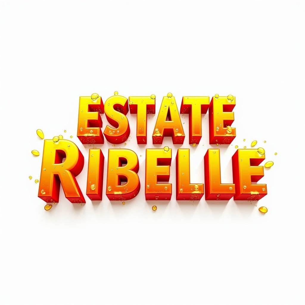 High resolution logotype with the text ESTATE RIBELLE. Bold 3D font. Bright sunny yellow and vibrant red colors. Smooth gradient transitions and shading. Inner lighting and subtle shadows effects. Fresh wet texture like condensation droplets. White background.